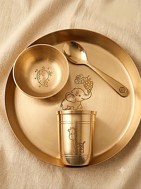 Hand-finished Tuoom bronze kids thali set with whale and giraffe engravings
